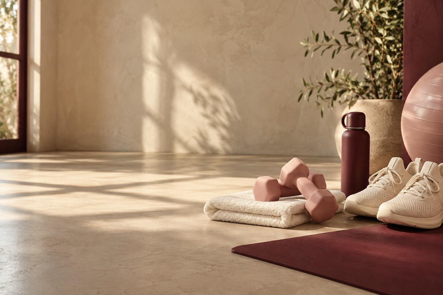 Dumbbells and a cream towel in a sunlit fitness studio